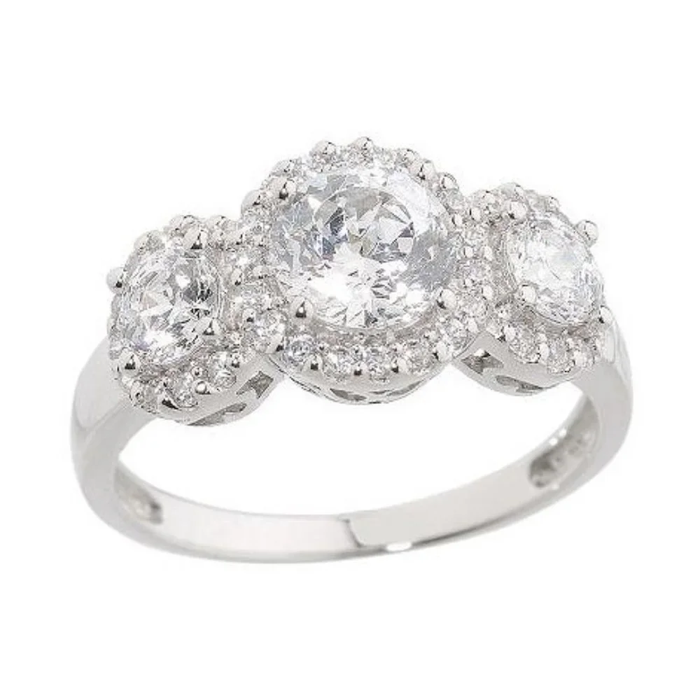 QVC Epiphany Platinum Clad Diamonique 100-Facet 3 Stone Ring 0049 - Picture 1 of 4